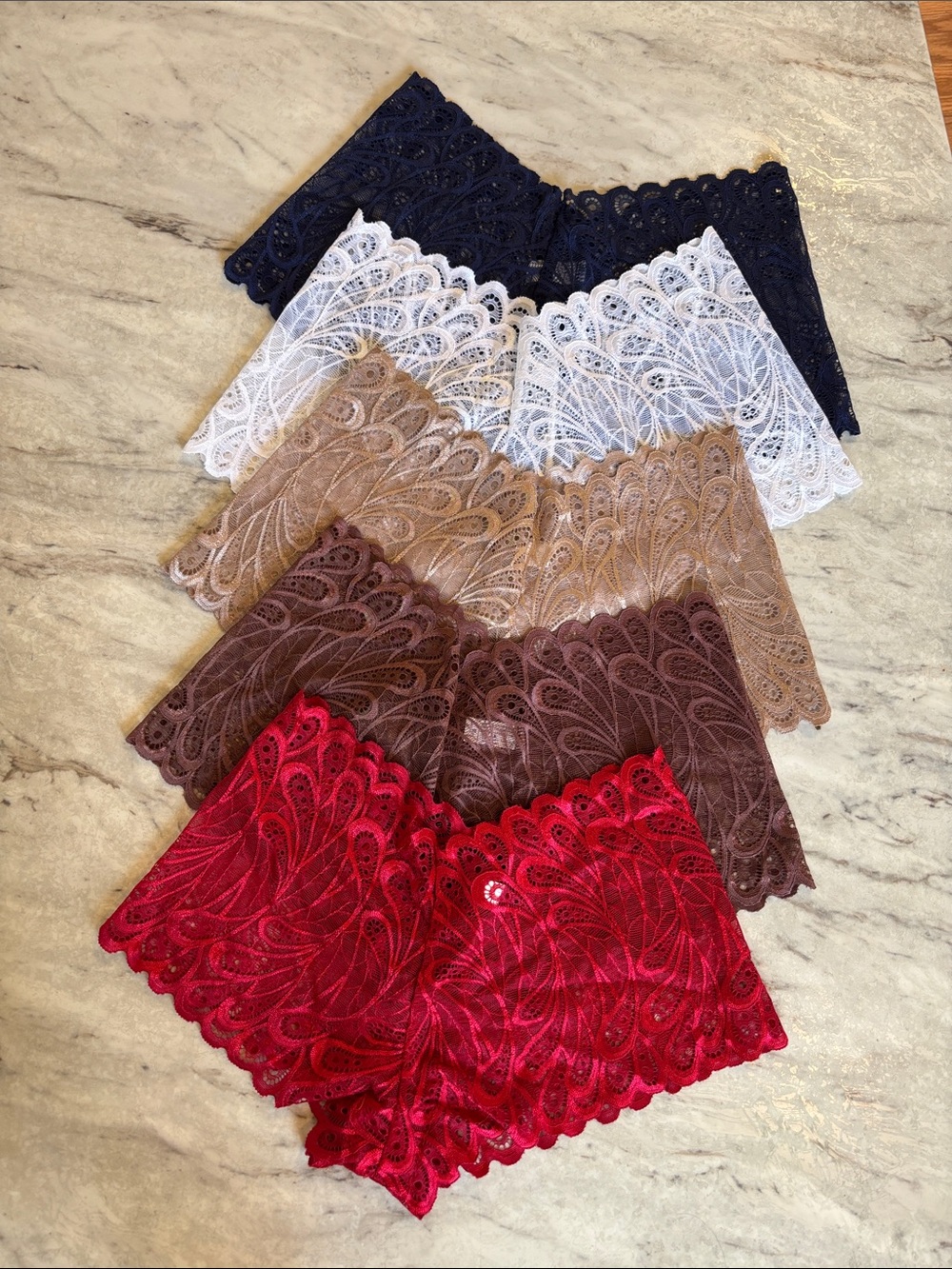 NEW! 5 Pc Lace Boyshort Panty Set — Red, Navy, White, Brown, Tan
